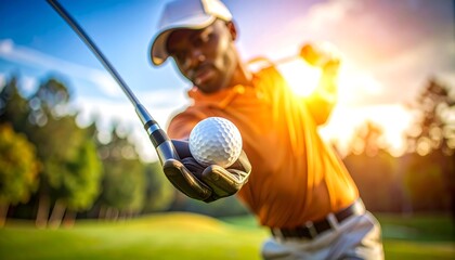 Golfer in action, vibrant sunset