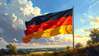 A vibrant depiction of the German flag billowing majestically against a backdrop of a scenic landscape at sunset.