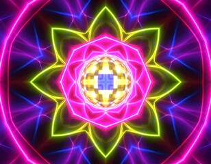 Abstract, vibrant, symmetrical design with glowing neon lines and a mirrored center sphere