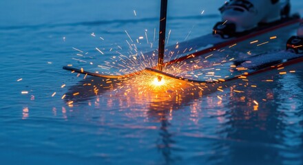 Ice skate blade creating sparks on frozen lake