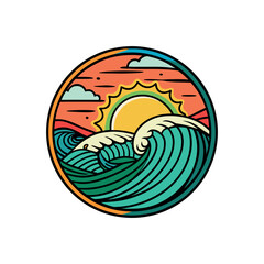 Hand-drawn ocean wave vector badge set with summer surf quotes “Catch the Waves,” “It Comes in Waves,” and “Chasing Waves.” Retro beach style. Perfect for t-shirts, posters, and stickers