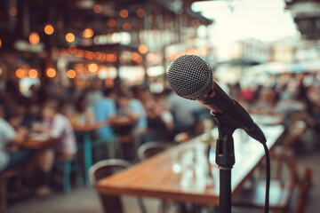 Microphone poised at bustling cafe, anticipation of live performance igniting atmosphere