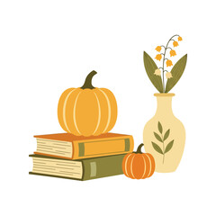 Cozy autumn harvest still life stacked books pumpkin vase flowers seasonal decor vector