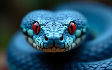 Close Up of Vivid Blue Viper Snake with Red Eyes Staring. High quality