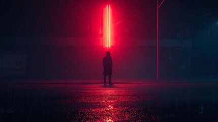 Mysterious figure under neon lights in rainy city night scene