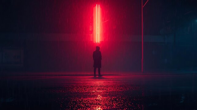 Mysterious figure under neon lights in rainy city night scene