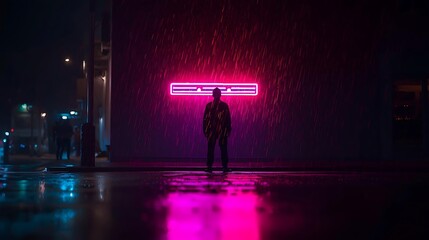 Man standing in neon rain with glowing sign at night