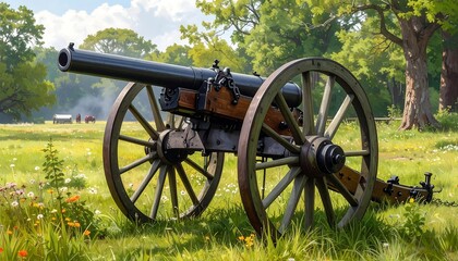 A vintage cannon rests on a lush green field, surrounded by trees and wildflowers, evoking a serene historical scene.