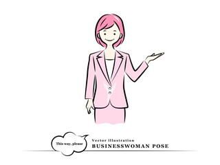 案内をするビジネスウーマン(誘導,こちらへどうぞ)｜ビジネスポーズ