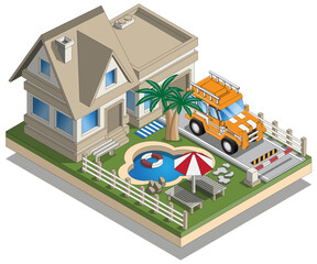 Private house with lawn and yard. Isometric. Isolated on white background. Vector illustration. 