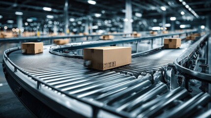 Automated Conveyor System Transporting Cardboard Boxes in a Modern Warehouse Environment for Shipping and Distribution