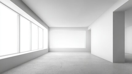 Bright Empty Modern Room with Large Windows and Concrete Floor, Minimalist Interior Design