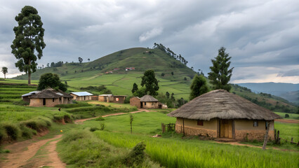 Rural village with thatched huts and green hills under cloudy sky traditional