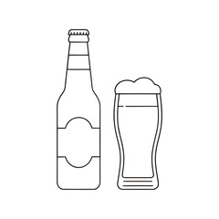 Outline beer bottle and glass with foam refreshment drink beverage alcohol graphic vector