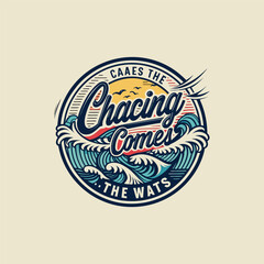 Hand-drawn ocean wave vector badge set with summer surf quotes “Catch the Waves,” “It Comes in Waves,” and “Chasing Waves.” Retro beach style. Perfect for t-shirts, posters, and stickers