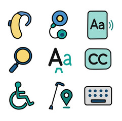 Set of 9 flat design accessibility icons. Includes hearing aid, cochlear implant, magnifier, closed captions, wheelchair, navigation cane, and virtual keyboard.