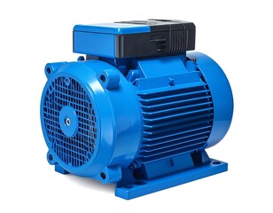 A vibrant blue electric motor, showcasing its detailed structure and robust design, is presented against a pure white background.
