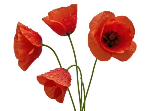 Four vibrant red common poppies with green stems and glistening dewdrops, one fully open with dark seed pod, against a seamless transparent studio background, 45-degree angle. Concept of pristine