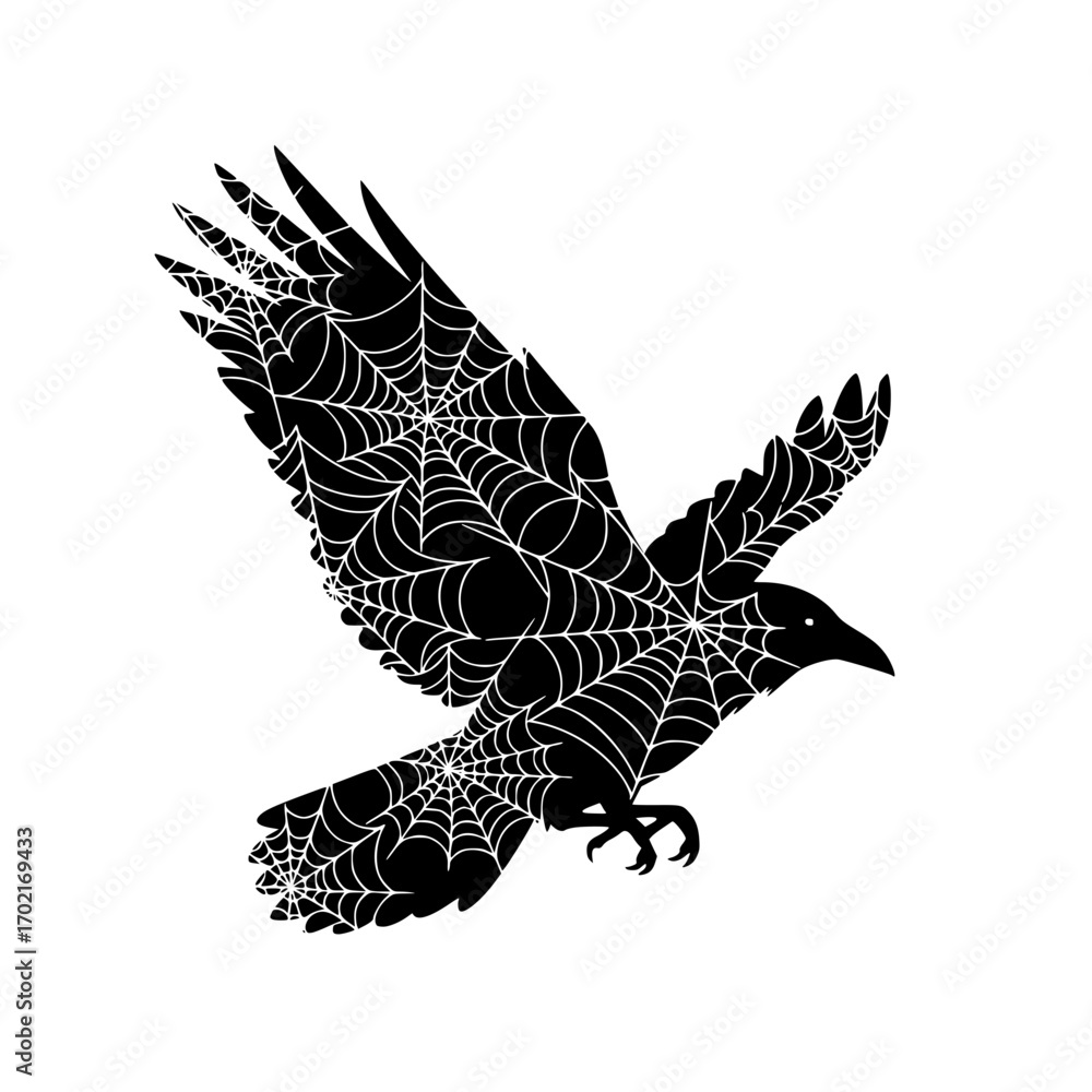 Poster a mystical raven with a web of life, captured in silhouette, soars across the canvas, the intricate 