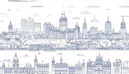 Detailed architectural drawing of a cityscape, showcasing the buildings and landscape, with a light blue line art style.