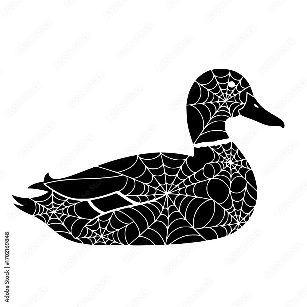 Poster a whimsical duck silhouette is cleverly adorned with an intricate spiderweb pattern, presenting a ca