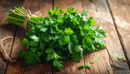 A bunch of fresh parsley rests on a rustic wooden surface, showcasing vibrant green leaves and natural lighting.