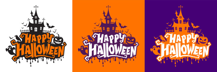 Happy Halloween typography with haunted house silhouette bats ghost raven and pumpkin in spooky horror style on colorful background vector illustration for holiday design