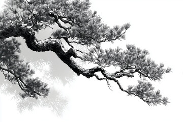 pine tree branch Chinese ink painting on white background