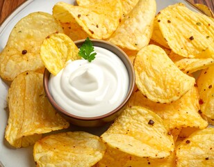 A plate filled with crispy potato chips and a small bowl of creamy white dip.