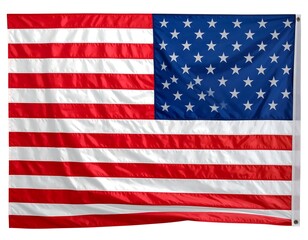 Obraz premium A full shot of the American flag, vibrant in its red, white, and blue hues, displayed against a plain white background.