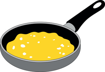 Scrambled eggs cooking in frying pan breakfast meal preparation vector
