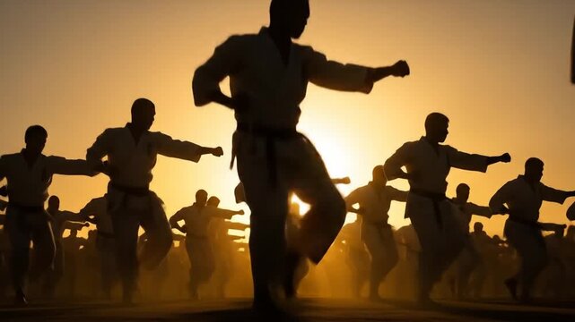 Epic Silhouette of a Large Group of Martial Artists Training Karate in Unison at Sunset