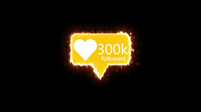 Bright glowing heart notification icon showing 300k followers on a dark background. Perfect for social media promotion, follower growth animation, digital marketing presentations and motion graphics 
