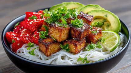 Fototapeta premium Delicious bowl of noodles with fresh toppings and garnishes.
