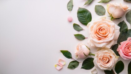 Fototapeta premium beautiful pastel roses and leaves gracefully arranged for presentation purposes