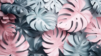Pastel pink and blue monstera leaves background. (4)