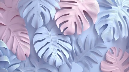 Pastel pink and blue monstera leaves background. (3)