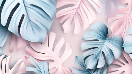 Pastel pink and blue monstera leaves background. (8)