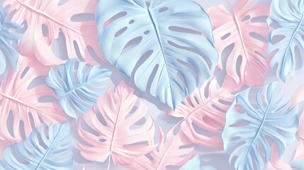 Pastel pink and blue monstera leaves background. (16)