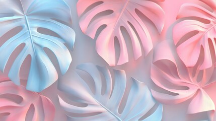 Pastel pink and blue monstera leaves on light background.