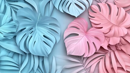 Pastel pink and blue tropical leaves background. (1)