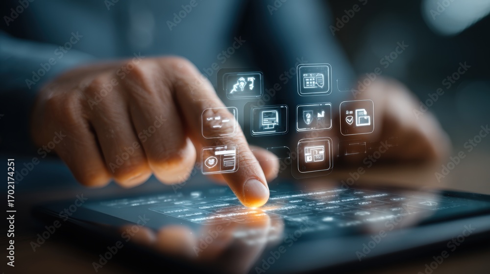 Poster digital interface on tablet: a person navigating modern application icons for business and technolog