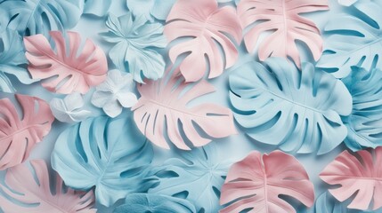 Pastel pink and blue tropical monstera leaves flat lay background.