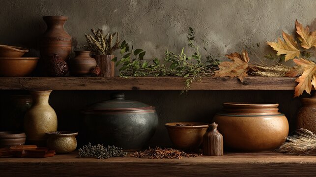 Open shelf setup with caramel pottery, chestnut leaves, and dried herbs