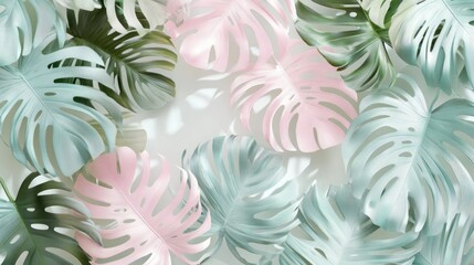 Pastel pink and teal monstera leaves arranged on white background.