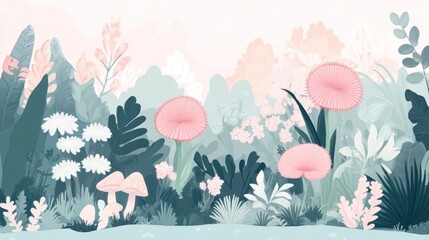 Pastel pink and teal whimsical forest scene with various plants, flowers, and mushrooms.