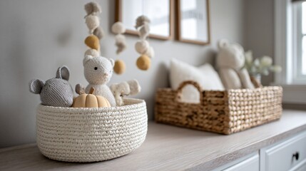 Fototapeta premium Scandinavian nursery with clean lines, fall-themed mobile, and woven toy basket