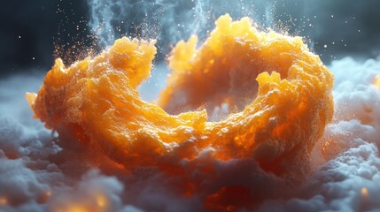 Steaming, golden-brown, textured food item resembling a ring,  on a bed of white, smoky substance with glowing embers.