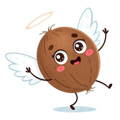 Obraz premium Coconut Angel's Heavenly Dance: A delightful cartoon coconut angel joyfully dances with an angelic glow. With a radiant aura and spread wings, creating a cute and heavenly scene.