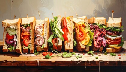 A detailed still life showcasing a vibrant array of gourmet sandwiches, each bursting with colorful fillings and textures, presented on a rustic wooden surface.